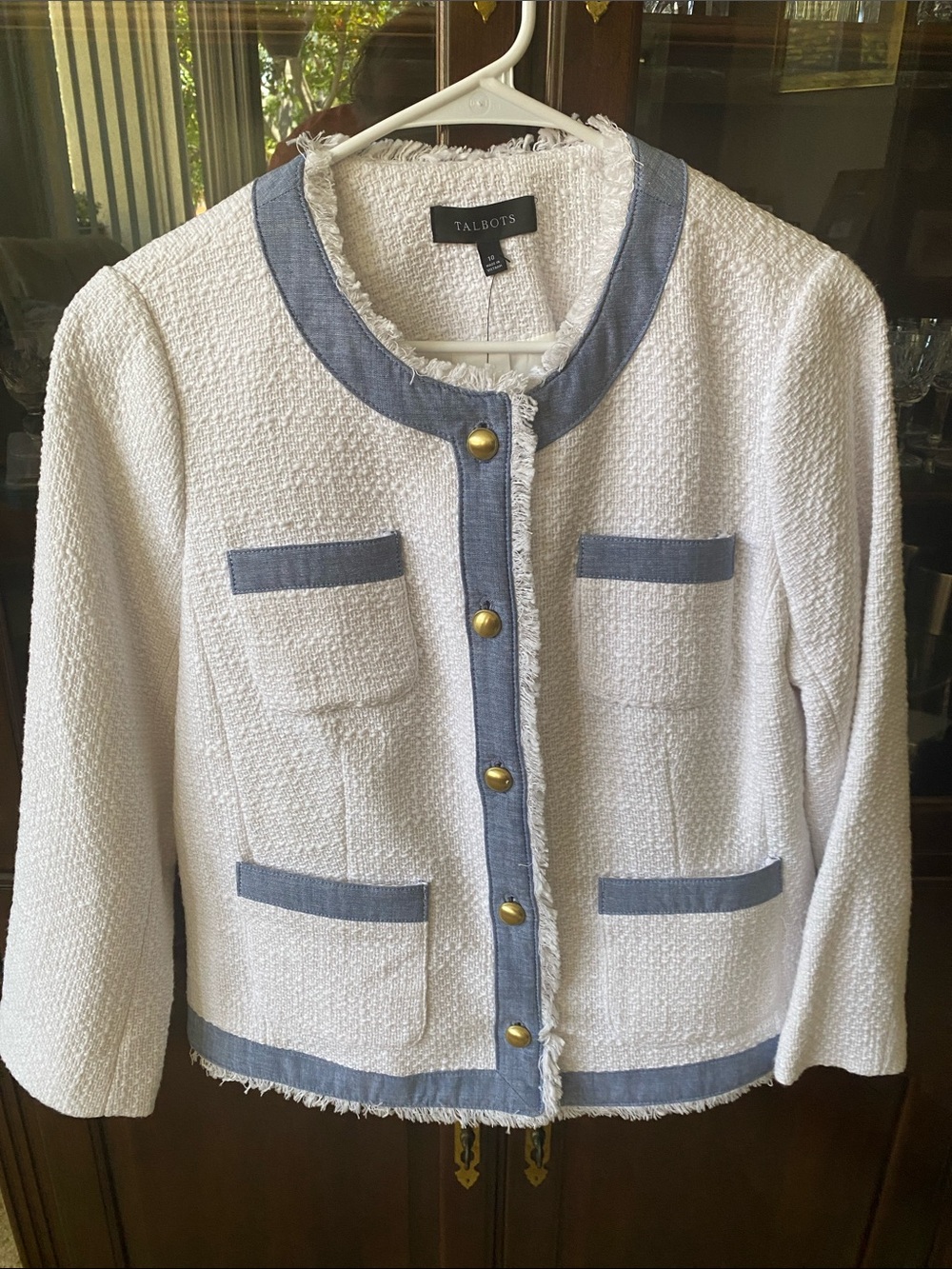 Talbots White Tweed Jacket with Blue Chambray Trim and Gold Buttons
